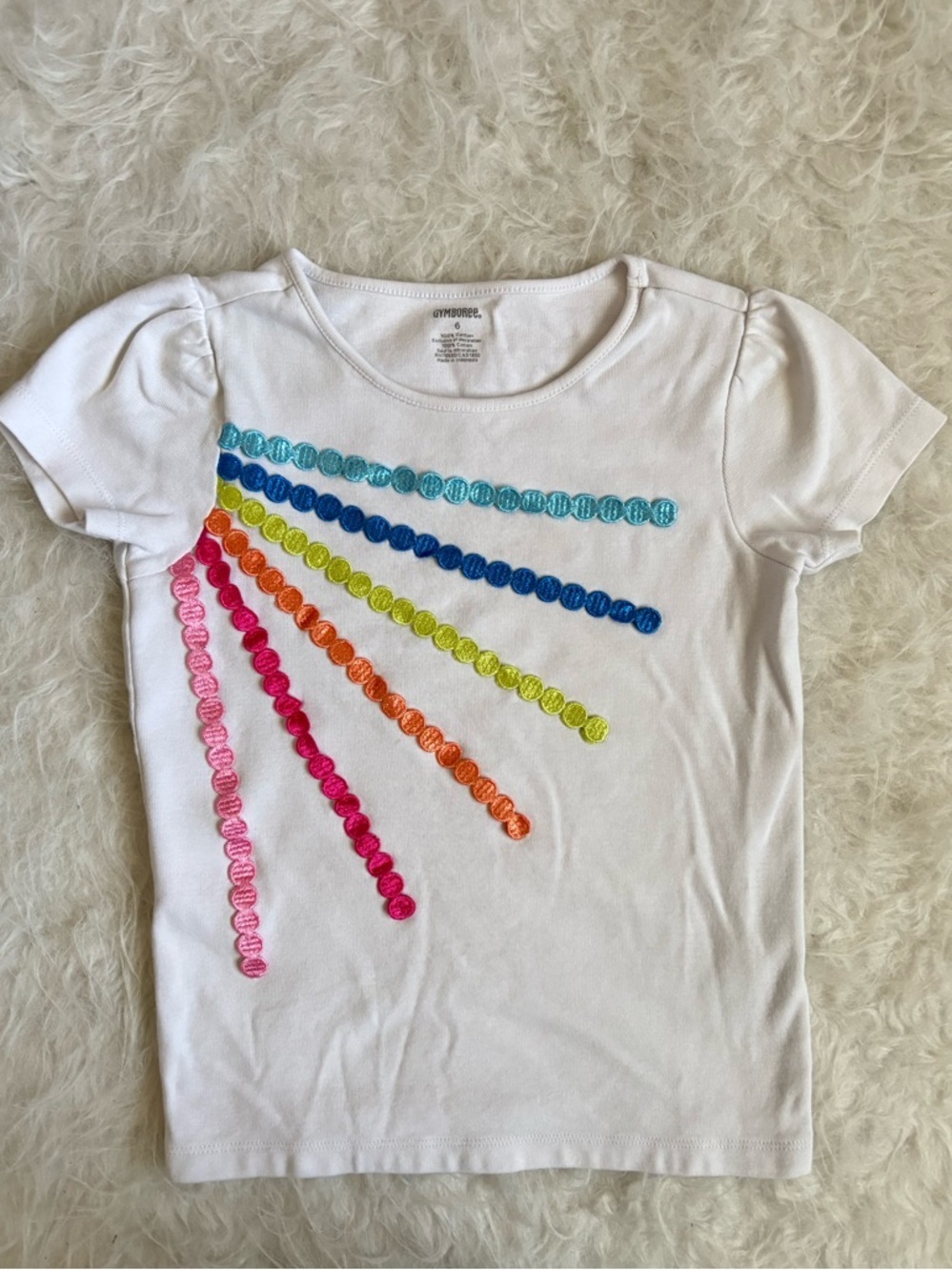 Gymboree White Tee with Colorful Embroidered Rainbow Rays